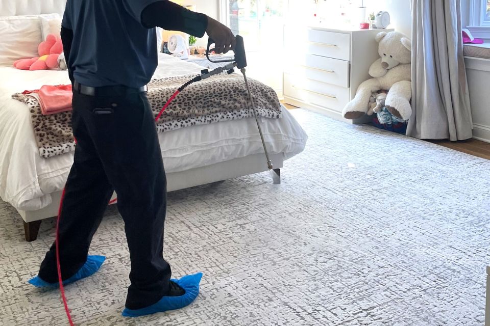A man in a blue shirt cleans a room with a vacuum, highlighting a protection and prevention service based in Washington, DC.