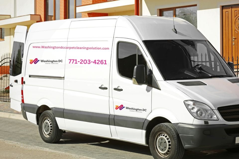 A white van parked in front of a residence, showcasing a carpet and rug cleaning service in Washington, DC.