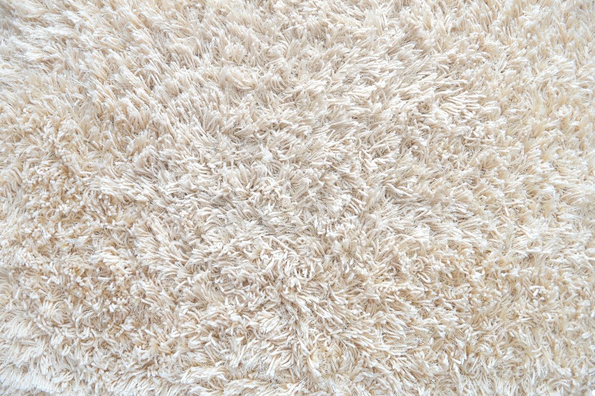 Close-up of a soft, white rug showcasing its texture and fibers.