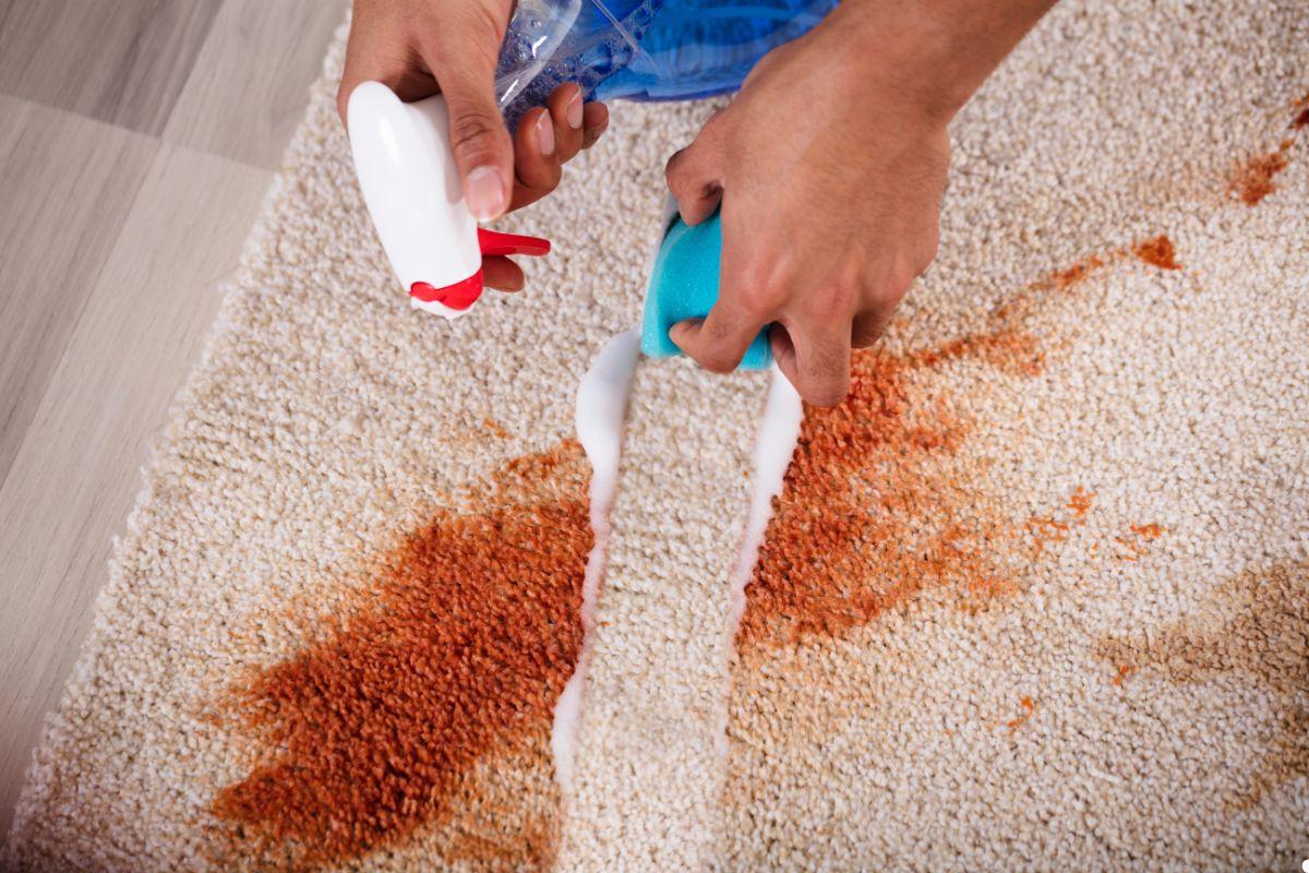 A person operates a carpet cleaner, removing a stain from a carpet in a well-lit room. 